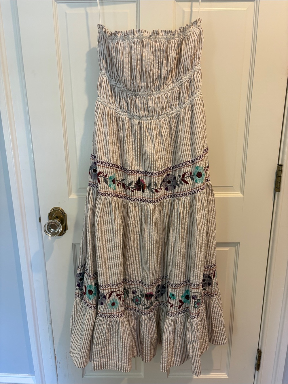 Free People Cream Striped Maxi Skirt with Teal & Burgundy Floral Embroidery